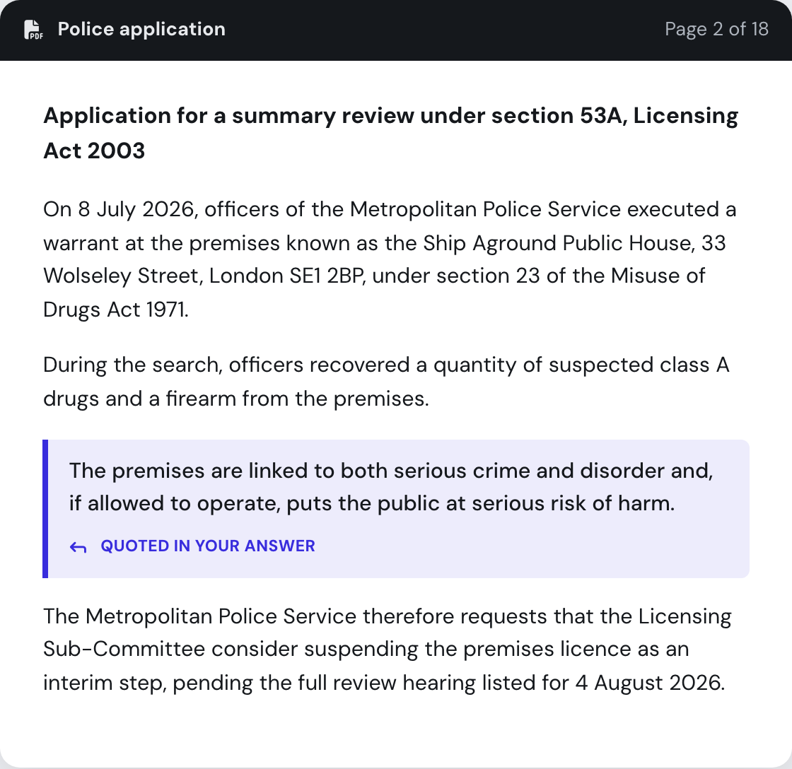 The police application document opened at page 2 with the quoted line highlighted, showing exactly where a copilot answer came from